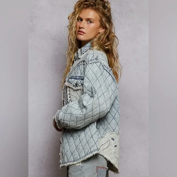 NEW Pol “Rochester” Dust & Denim Quilted Lace Panel Shacket / Jacket Stud Detail - Picture 3 of 7